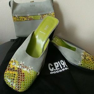 Pastel green and snake skin mules